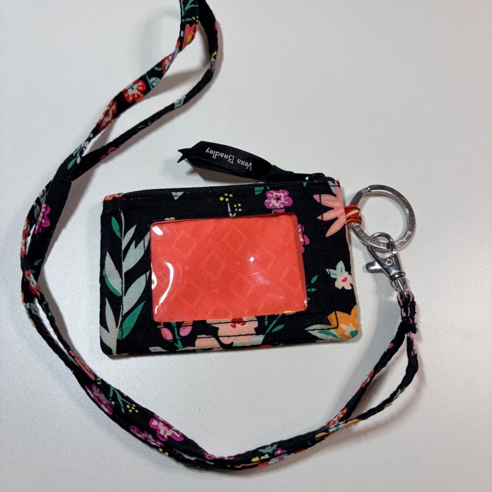 Vera Bradley Black Floral Zip ID Case Wallet Lanyard Key Ring Set Accessory